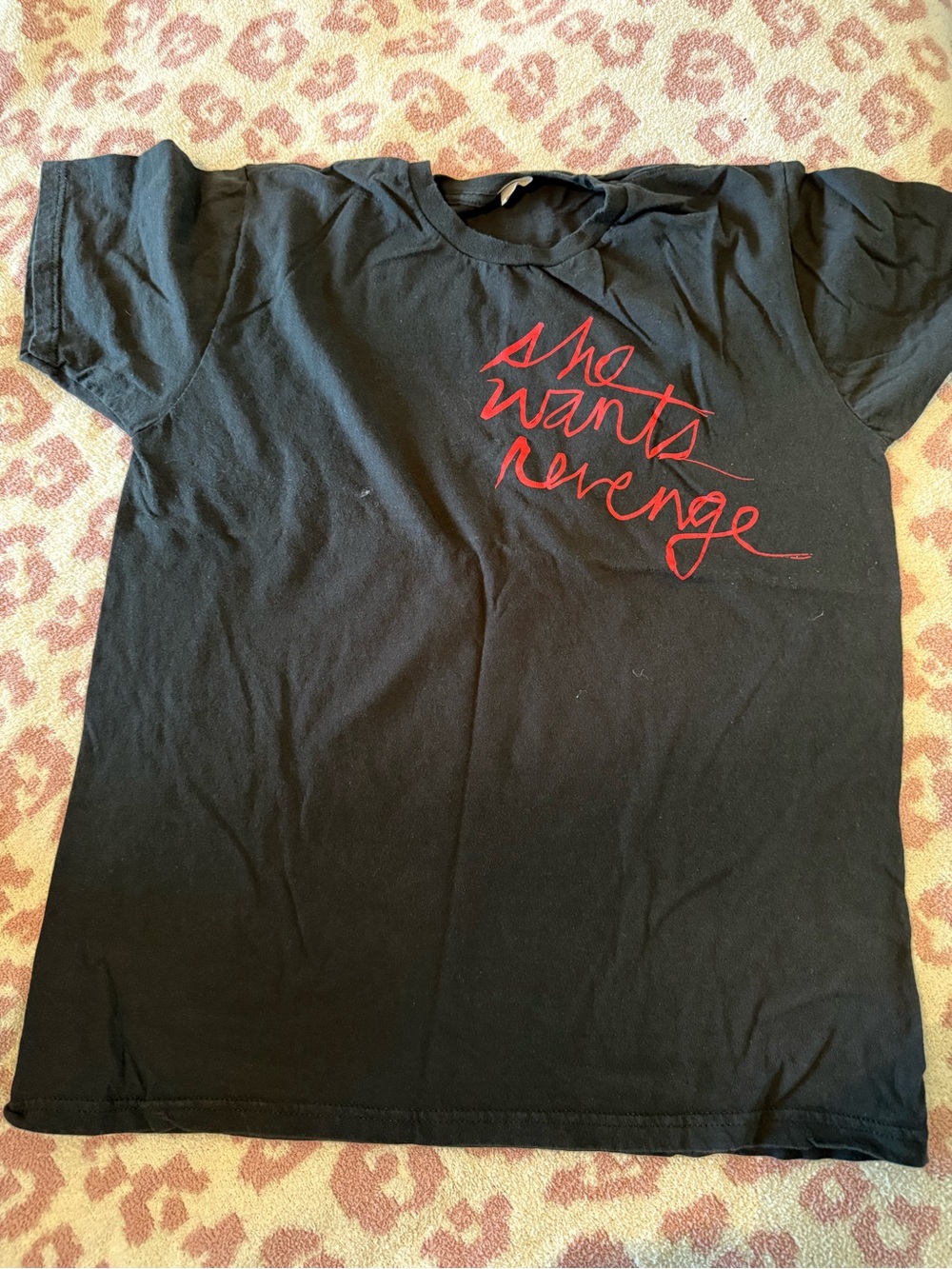 Black Graphic Tee with Red Script "She Wants Revenge"